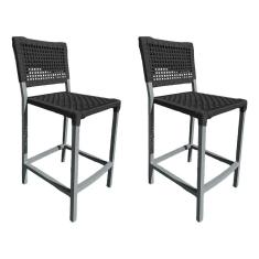 Kit 2 Banquetas França Em Corda Náutica E Base Em Alumínio Cinza Para área Gourmet Preta Preto
