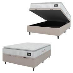 Cama Box Baú Casal Colchão Espuma D45 Lazio Pillow Top 138x188x65cm Suede Branco/Bege Hellen