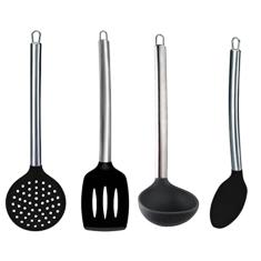 Jogo Utensilios Cozinha Silicone Cabo Metal 04 Pçs Preto