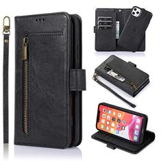 Capa de couro de luxo para iPhone 14 13 12 11 Pro XS Max XR X SE 2022 8 7 6 6S Plus Carteira com zíper Capa removível para bolsa, preta, para iPhone 11 Pro Max