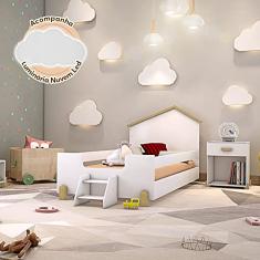 CAMA INFANTIL MONTESSORIANA COM ESCADINHA JUVENIL AYLA BRANCA E NATURAL + LUMINÁRIA LED