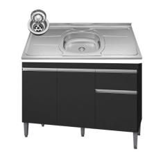 Balcão Gabinete Com Pia Inox 120cm 3 Portas e 1 Gaveta Tatiane Preto -