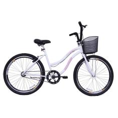 Bicicleta Feminina 26 Beach Branca Monomarcha com Aros duplos, Pneus Slik e Cesta - Dalannio Bike