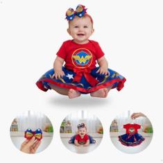 Body Fantasia Bebe Mulher Heroina Maravilha Laço Saia Faixa - KIDSBEHA