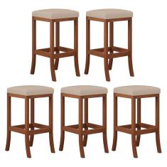 Kit 5 Banquetas Alta Estofada Barcelona 38x74Cm Bancada Bar Madeira Maciça Castanho Suede Bege - CCS