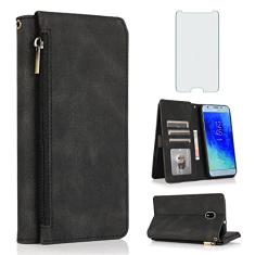 Compatível com Samsung Galaxy J3 Orbit J 3 Star 2018 3J Achieve Capa carteira protetora de tela de vidro temperado com zíper couro flip capa porta-cartões para J3V V 3ª geração SM J337A J337V J337