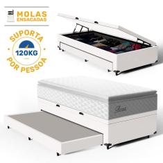 Cama Box Baú com Colchão de Molas Ensacadas Pillow Top Flora + Auxiliar Unique Solteiro 88cm