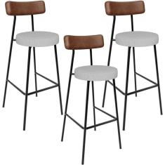 Kit 03 Banquetas Alta Bar Cozinha Sala Jantar Milão L02 Couríssimo Marrom Linho Cinza