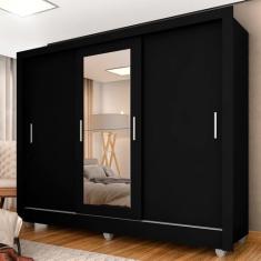 Guarda Roupa Casal Vivian 3 Pts Espelho Menor Preto Fosco - M.a Preto Fosco