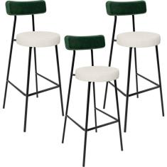Kit 03 Banquetas Alta Bar Cozinha Sala De Jantar Milão L02 Facto Verde Linho Champagne - Lyam Decor