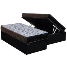 Cama Box Baú Solteiro: Colchão Espuma Ortobom D33 / EP ISO 100 Ultra Firme + Base CRC Suede Black(88x188)