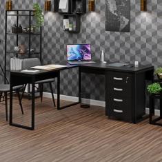 Conjunto De Escritório Escrivaninha Em L E Gaveteiro Volante NetMobil (Preto)