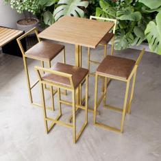 Jogo Mesa Alta Bistrô Quadrada Pinus 4 Banquetas Estofado Confort Indu