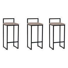 Kit 3 Banquetas Altas Industriais em Aço Dori Preto Assento Suede Bege