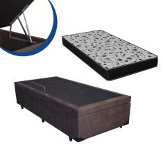 Cama Box Baú Suede Solteiro Colchão Espuma D33 Bordado + Box Marrom 53x78x188