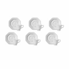Estojo com 6 Xícaras de Café com Pires em Porcelana, Modelo Octogonal, Prisma, Branco, Porcelana Schmidt