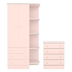 Quarto de Bebê Doce Sonho com Roupeiro 825 e Cômoda 777 Qmovi Rosa Acetinado