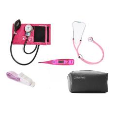 Kit Esfigmomanometro + Estetoscopio Duplo + Termometro Pamed,  Rosa