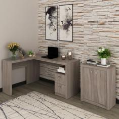 Kit 2 Peças com Mesa para Escritório em L e Armário Multiuso Baixo - E