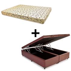 Cama Baú Casal Bipartido - Tecido Sintético Marrom Com Colchão Austrália Bello Box - 100% Espuma D26 Amarelo 55x138x188