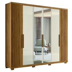 Guarda Roupas Casal Ripado com Espelho 6 Portas 4 Gavetas 2,60m Araguaia Freijó / Off White Moval