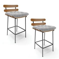 Kit 02 Banquetas Costela Suede Base Metal Cinza - D'ROSSI