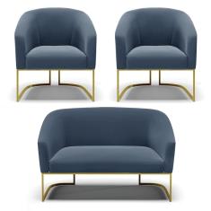 Namoradeira e 2 Poltronas Industrial Dourado Stella Suede Azul M  D03 - D'Rossi