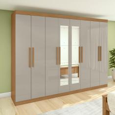 Guarda Roupa Casal Easy Slim 8 Portas 4 Gavetas MDF com Espelho Amendoa Clean-Off White Móveis Lopas