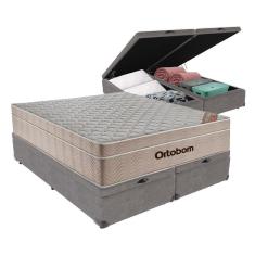 Cama + Box Airtech Colchão Ortobom Queen Com Baú Bege Springpocket Cor:cinza