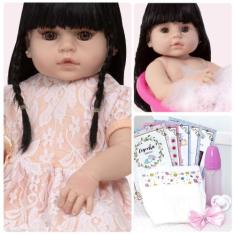 Boneca Reborn Recem Nascida Cabelo Longo Enxoval 13 Itens - Cegonha Re