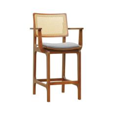 Banqueta Alta Bistrô Gus Com Braços Madeira Maciça Encosto Telinha Assento Anatômic Linho Impermeavel Amêndoa-cinza