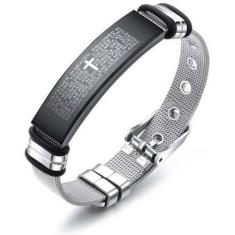 Pulseira Masculina Bracelete Malha de Aço Oração Pai Nosso - Importado