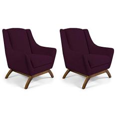 Kit 02 Poltronas Decorativas Sala de Estar Base de Madeira Naomi Veludo Roxo Grape - Gran Belo