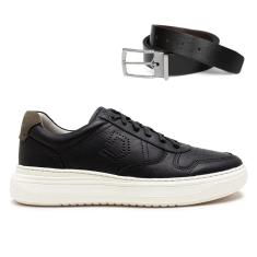 Tênis De Couro Democrata Masculino Denim Joe Ultra Light 526103 + Cinto Dupla Face