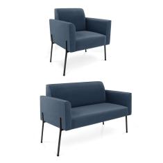 Sofá Namoradeira E Poltrona Pé De Ferro Preto Marisa Suede D03 - D'rossi Cor Azul Marinho