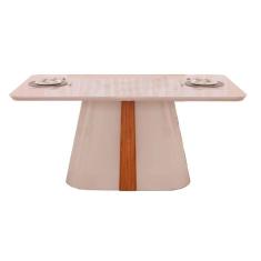 Mesa de Sala Jantar Ryze c/ Tampo Madeirado Vidro Curvo 180x100cm Freijó/Off White - DJ Móveis