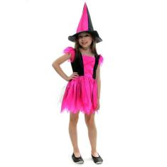 Fantasia Infantil Bruxa Halloween Encantada Pink com Chapéu - Sulameri