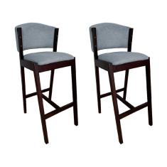 Kit 2 Banquetas Alta de Madeira Maciça Castanho Premium Ana com Encosto Linho Cinza