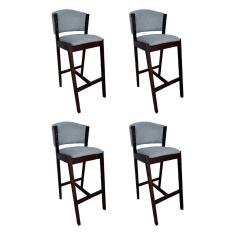 Kit 4 Banquetas Alta de Madeira Maciça Castanho Premium Ana com Encosto Linho Cinza