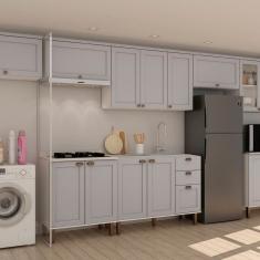 Cozinha Modulada Completa com Aérea de Serviço Integrada 100% Mdf com Tampo Impermeável Branco/Cinza