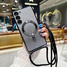 Capa crossbody com glitter para samsung galaxy s24 s23 s21 fe s22 ultra plus magnética capa revestida de tpu macio, preta, para samsung s23ultra