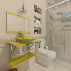 Gabinete de Vidro 80cm Inox com Cuba Quadrada Amarelo