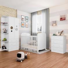 Berço Americano + Cômoda Infantil com 4 Gavetas e 65,1cm de Largura + Guarda-Roupa Infantil Peroba Duda Plus com 2 Portas, 3 Gavetas e 5 Prateleira