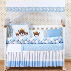 Kit Berço Urso Trança Modelo Americano Menino 12Pçs Saia Box - L2m, Az