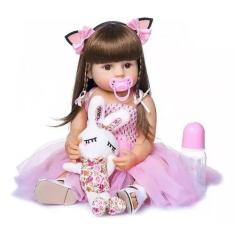Brinquedo Boneca Bebê Reborn Menina Gatinha Silicone 48cm Olhos Castan