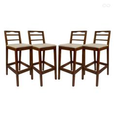 Kit 4 Banquetas para Bancada Alta de Madeira Grécia Castanho Linho Beg