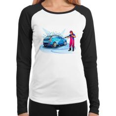 Baby Look Raglan Lava Jato Mulher Manga Longa - Foca na Moda, Branco, 