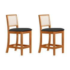 Kit 2 Banquetas Altas Luxo Em Tela Sextavadas Assento Estofado Linho Cinza Escuro Rubi Madeira Maciça 