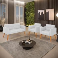 Kit 1 Sofá Namoradeira e 2 Poltronas Elisa Linho Pés Palito Castanho D