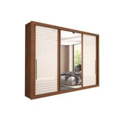 Guarda Roupa 3 Portas De Correr E 6 Gavetas C- Espelho Vitória Avelã-Off White - Panan